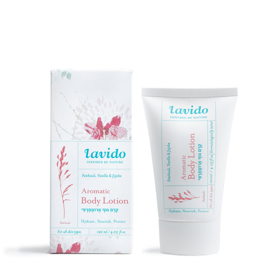 Aromatherapy Body Lotion - patchouli, vanilla, shea butter and jojoba - Lavido - Israel Menu