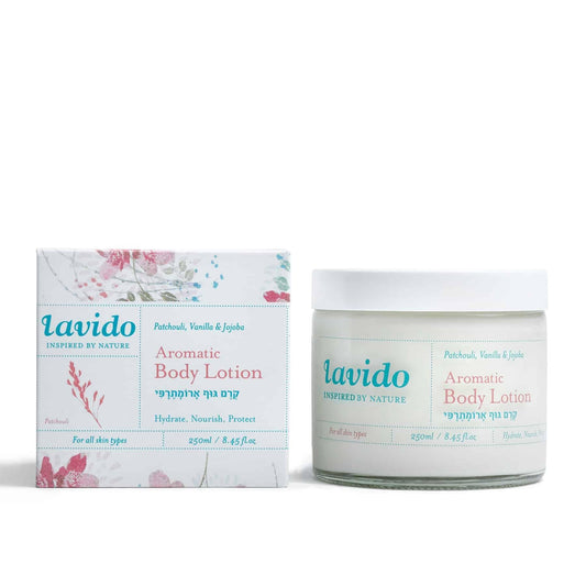 Aromatherapy Body Lotion - patchouli, vanilla, shea butter and jojoba - Lavido - Israel Menu